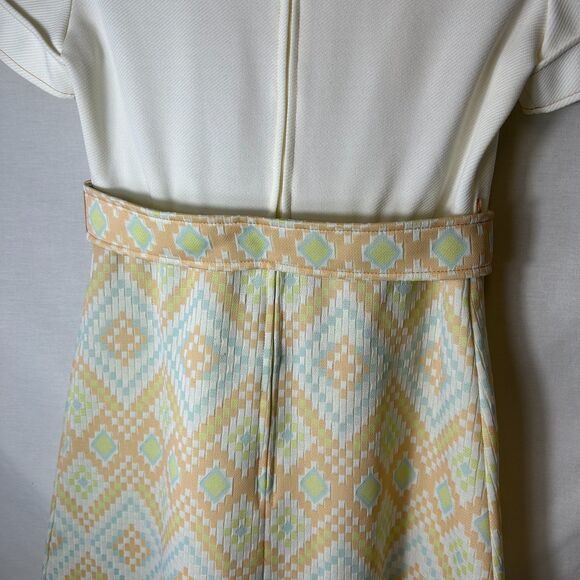 Vintage 60s-70s White Peach Aqua Diamond Print Belted SS Maxi Dress Size XS/S - Picture 10 of 15